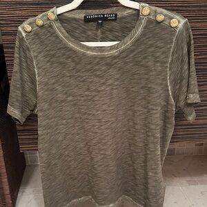 Veronica Beard Carla Olive Green Short Sleeve Tee with Gold Button Detail